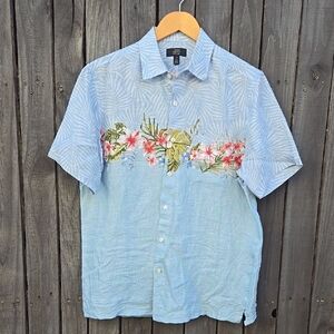 Club Room Men's Blue Floral Short Sleeve Shirt 100% Linen Size M